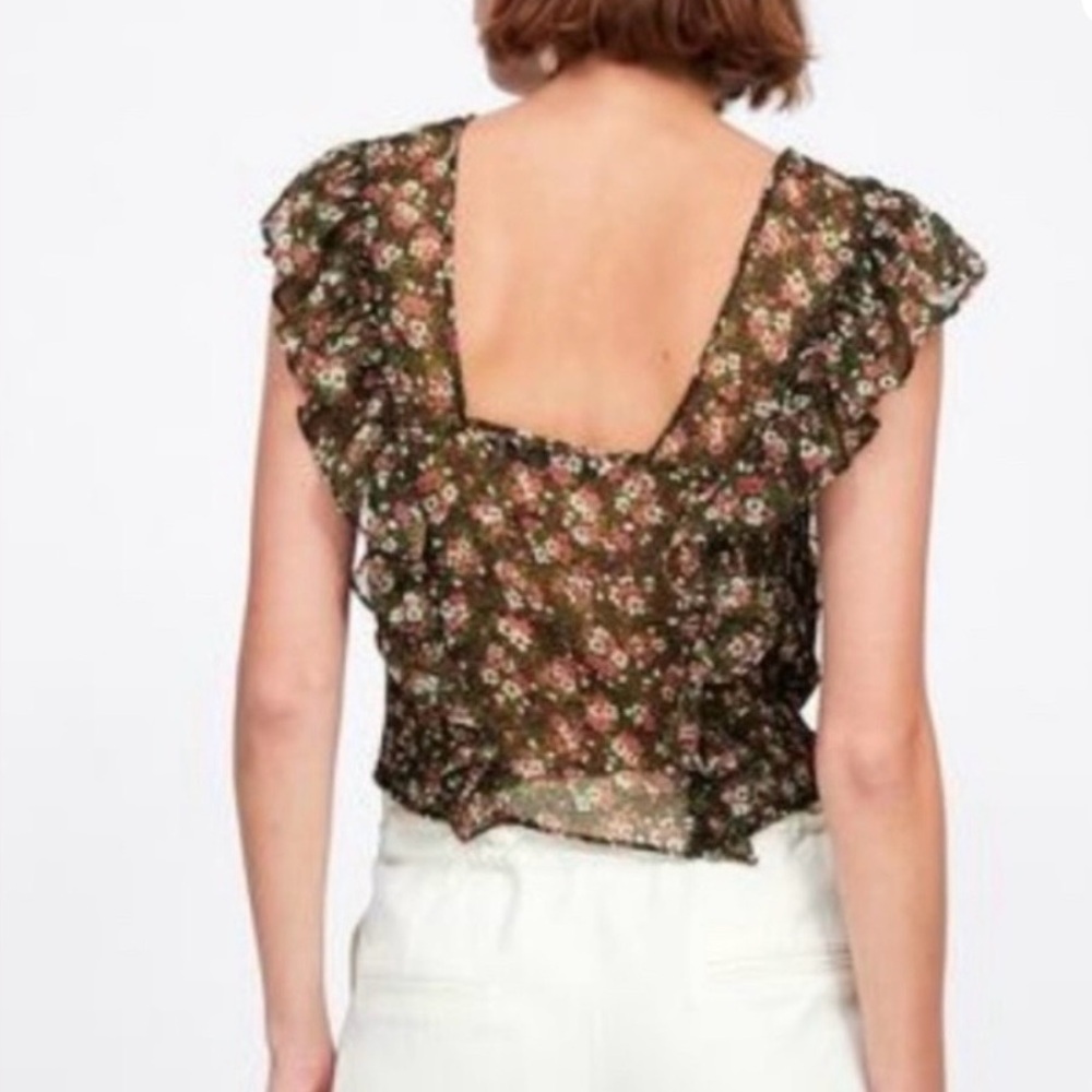 Zara Floral Ruffle Blouse in Green and Orange - Picture 6 of 6